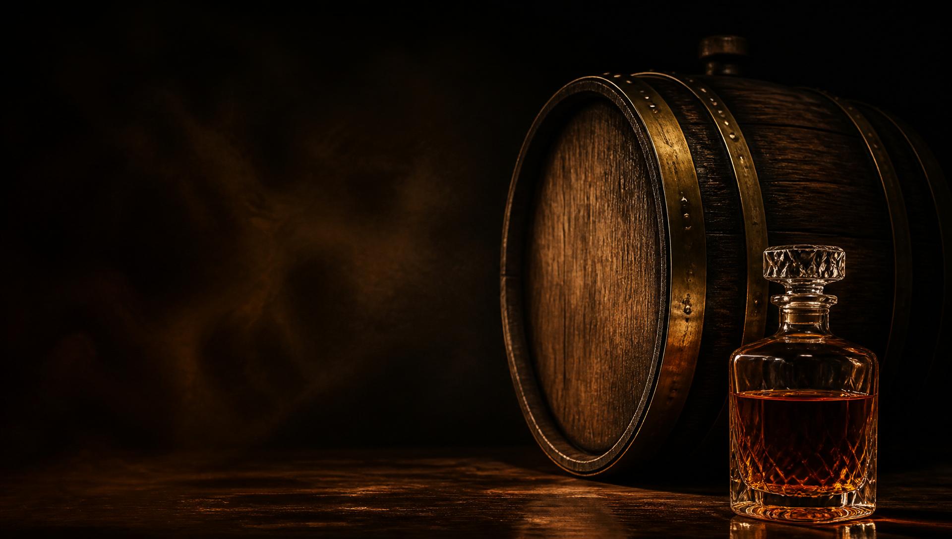 A single oak whiskey barrel beside a glass decanter of amber whiskey, lit warmly against a dark background